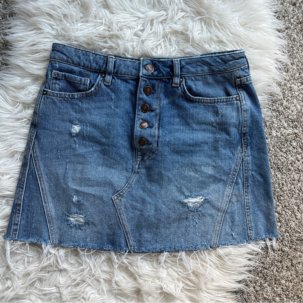 Free People We The Free Denim Mini Skirt Distressed Button Front 30